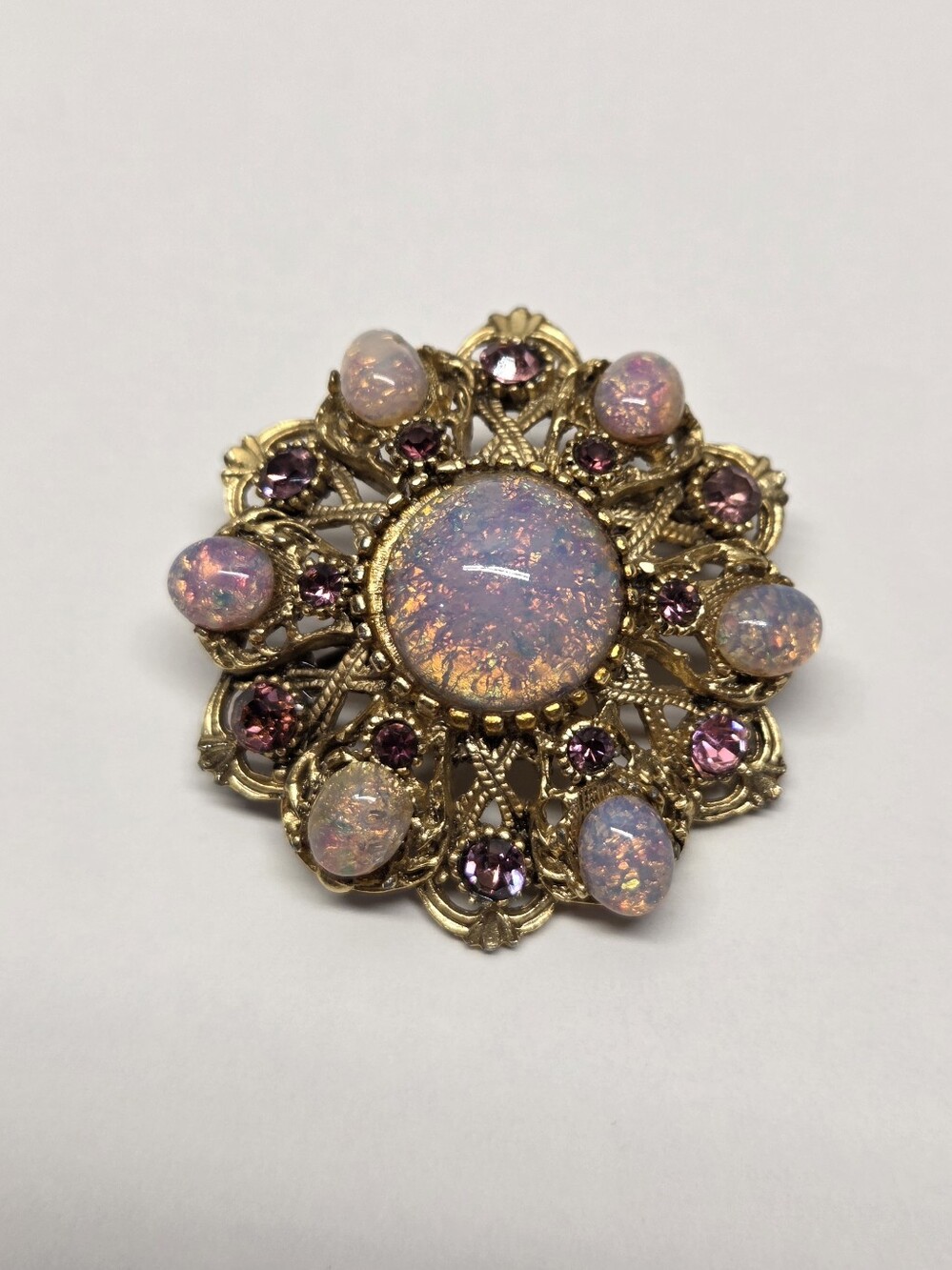 Vintage Mid-Century Faux Fire Opal Rhinestone Rosette Brooch Pin 60s Ish 1.5"